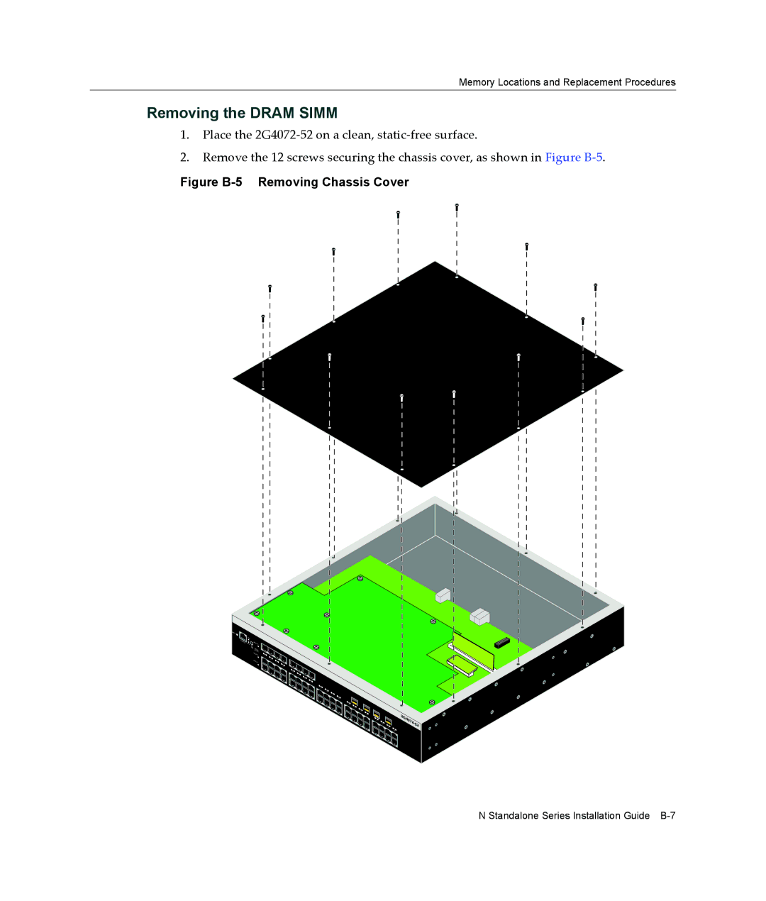 Enterasys Networks 2G4072-52 manual Removing the Dram Simm, Figure B-5 Removing Chassis Cover 