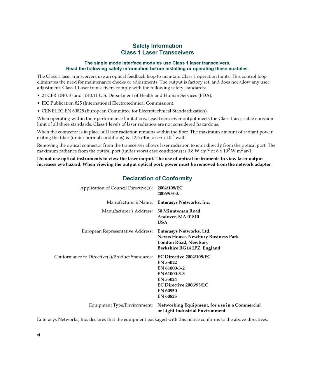 Enterasys Networks 2G4072-52 manual Safety Information Class 1 Laser Transceivers, Declaration of Conformity 