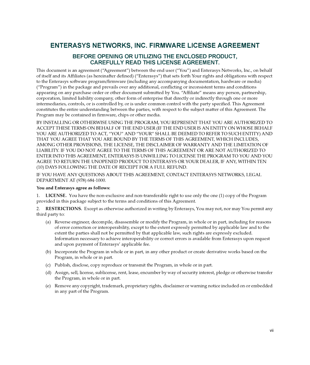 Enterasys Networks 2G4072-52 manual Enterasys NETWORKS, INC. Firmware License Agreement 