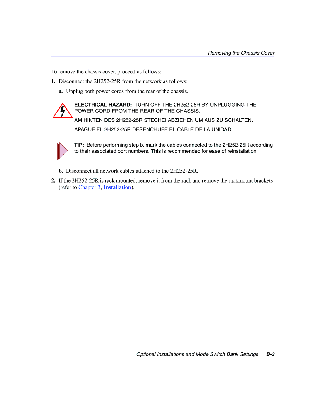 Enterasys Networks 2H252-25R manual Optional Installations and Mode Switch Bank Settings B-3 