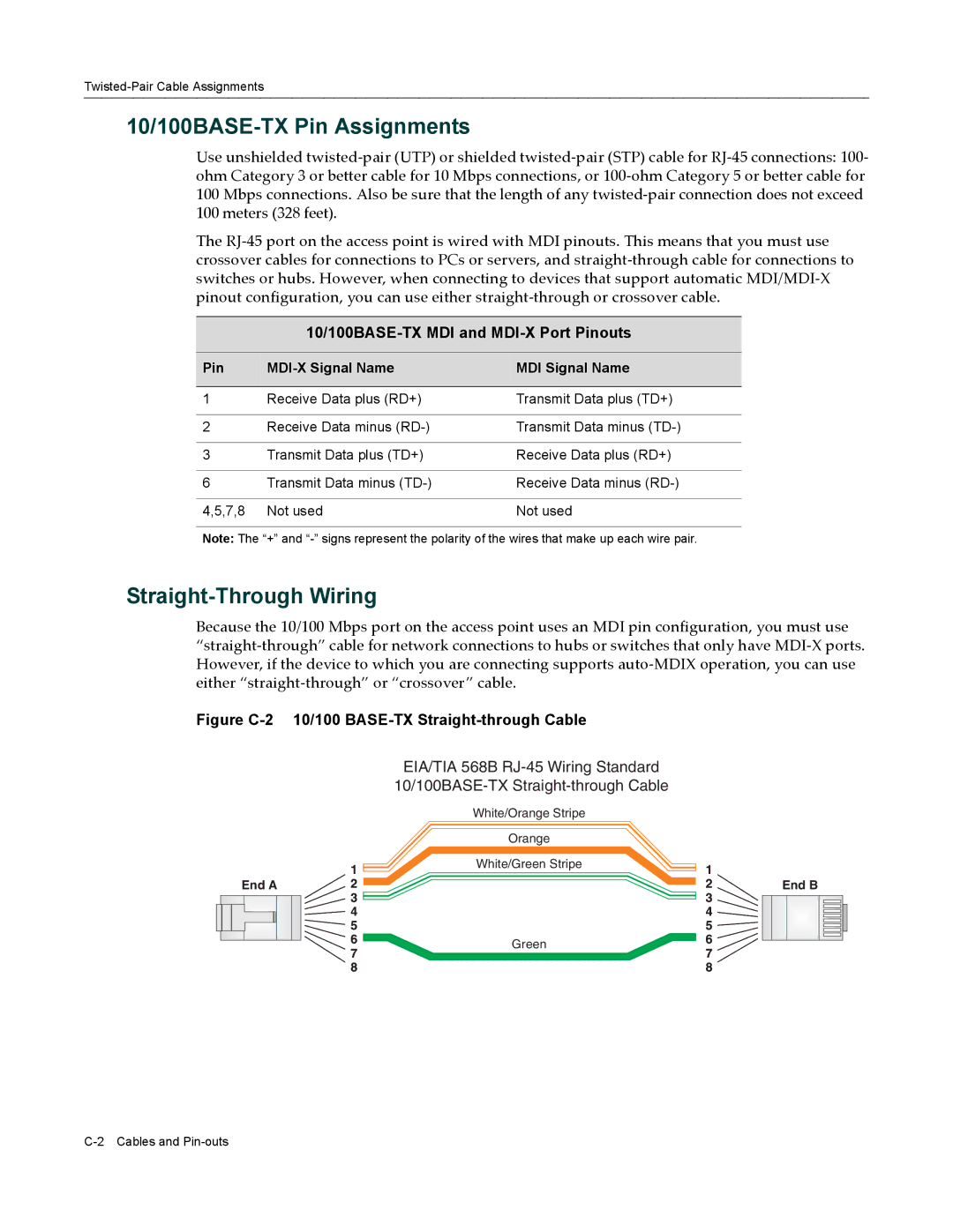 Enterasys Networks 3000 manual 10/100BASE-TX Pin Assignments, Straight-Through Wiring 