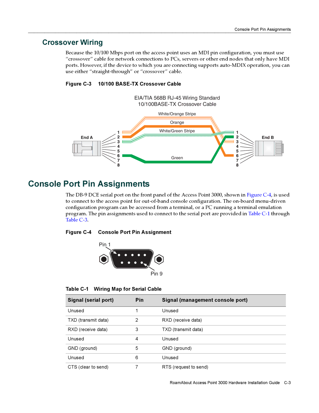 Enterasys Networks 3000 manual Console Port Pin Assignments, Crossover Wiring 