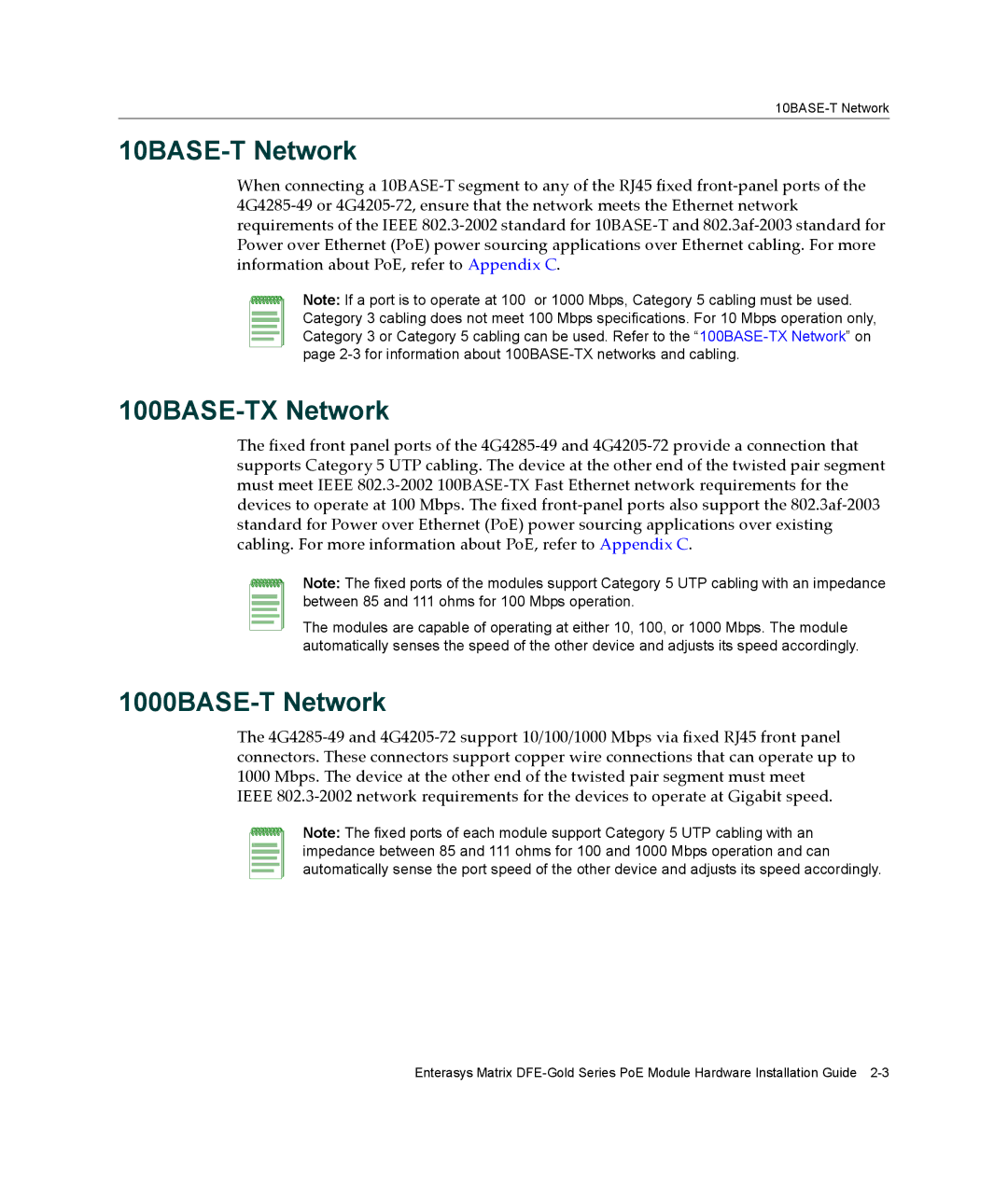 Enterasys Networks 4G4285-49, 4G4205-72 manual 10BASE-T Network, 100BASE-TX Network, 1000BASE-T Network 