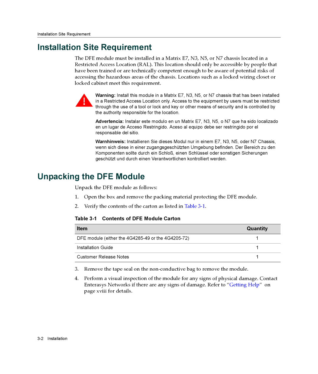 Enterasys Networks 4G4205-72, 4G4285-49 manual Installation Site Requirement, Unpacking the DFE Module 