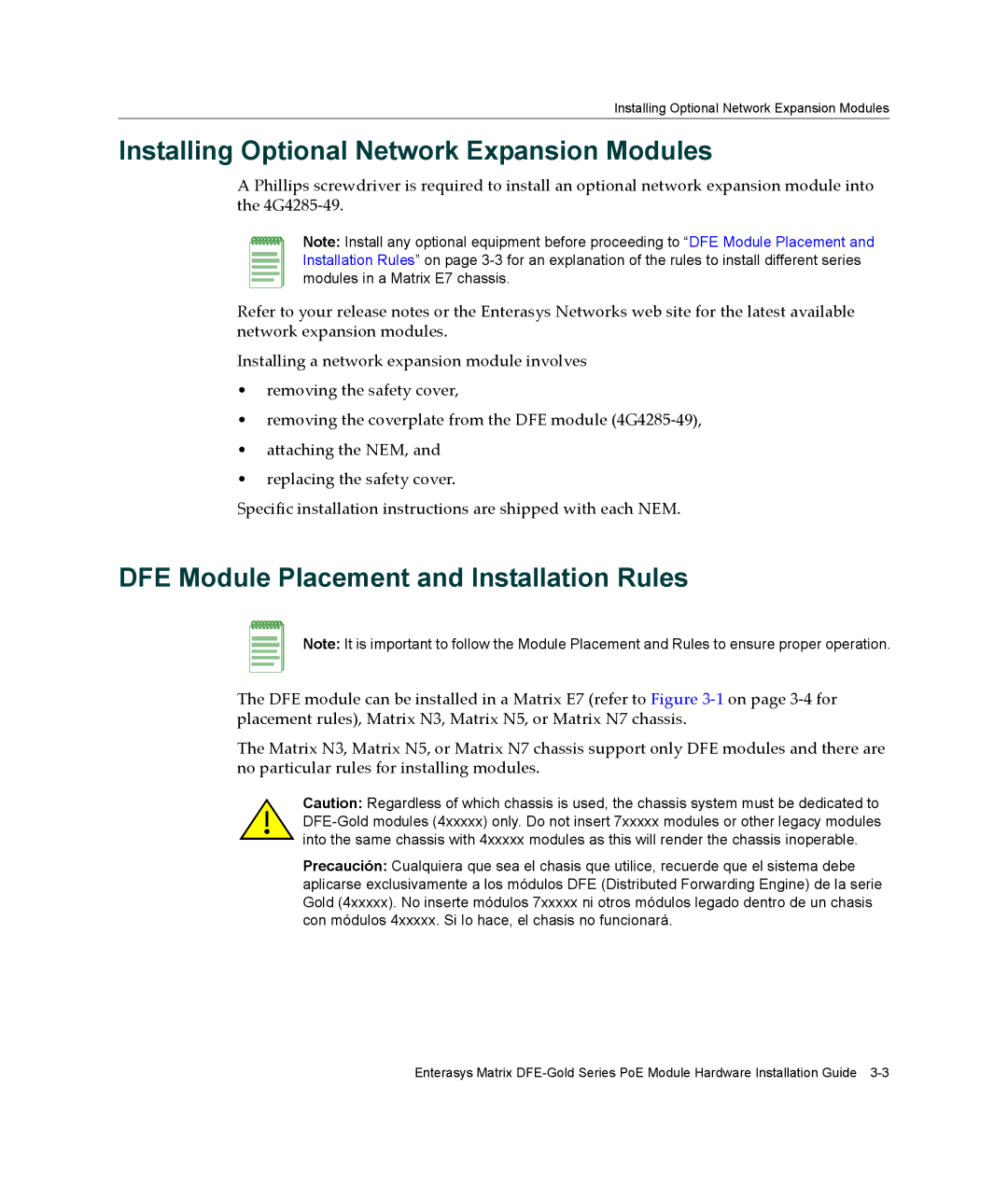 Enterasys Networks 4G4285-49 Installing Optional Network Expansion Modules, DFE Module Placement and Installation Rules 