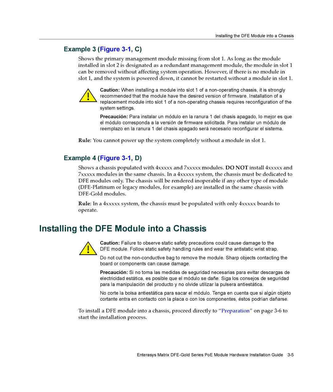 Enterasys Networks 4G4285-49, 4G4205-72 manual Installing the DFE Module into a Chassis, Example 3 -1, C, Example 4 -1, D 