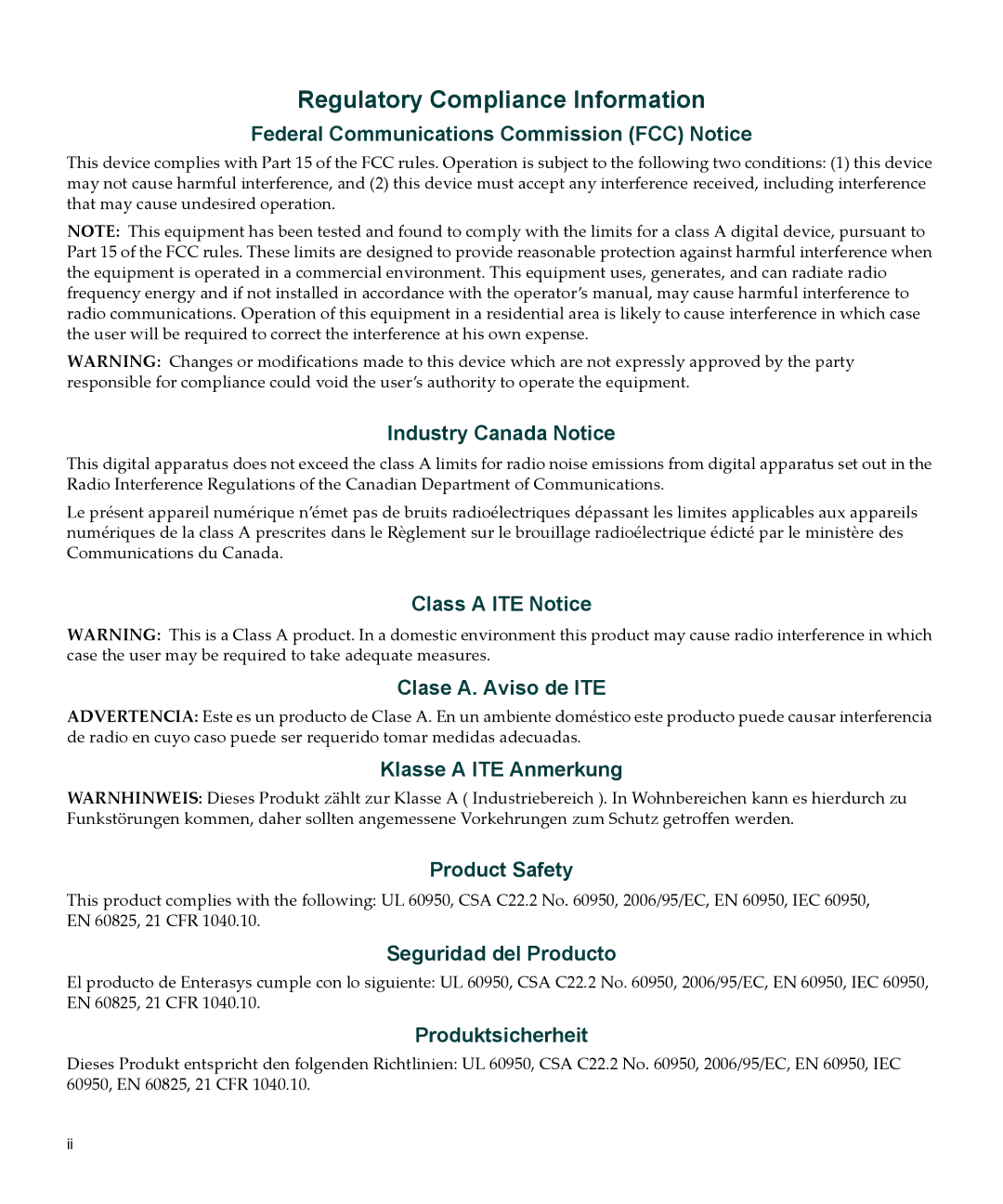 Enterasys Networks 4G4205-72, 4G4285-49 manual Regulatory Compliance Information 