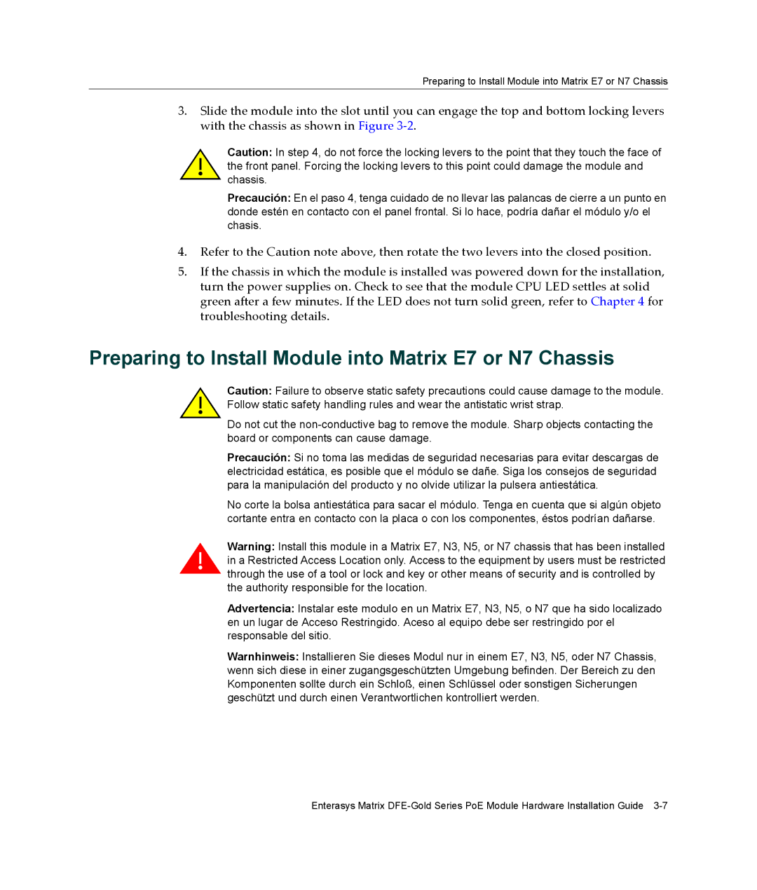 Enterasys Networks 4G4285-49, 4G4205-72 manual Preparing to Install Module into Matrix E7 or N7 Chassis 