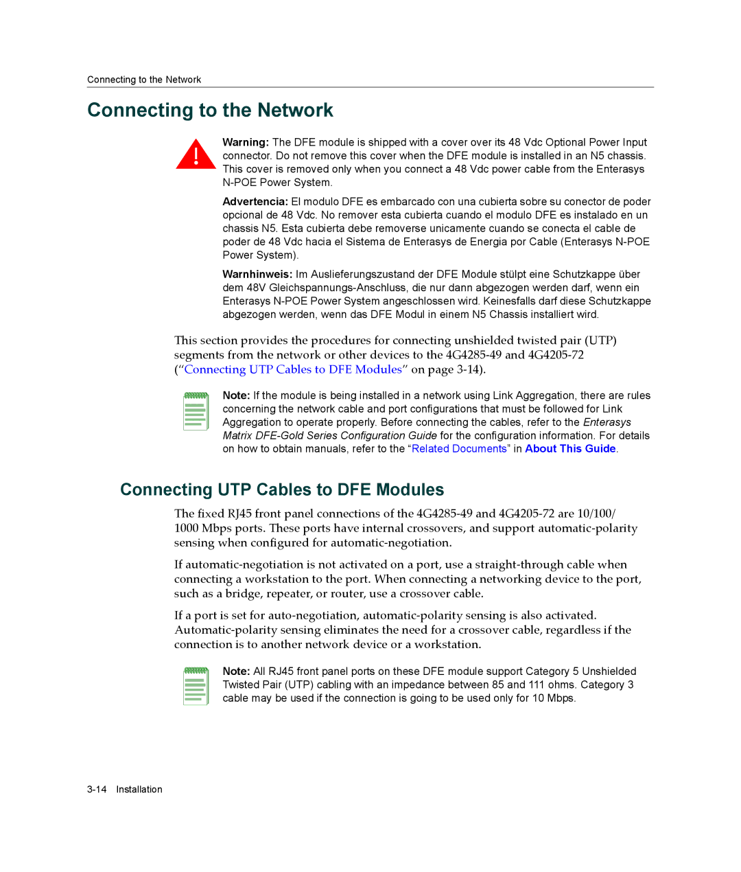 Enterasys Networks 4G4205-72, 4G4285-49 manual Connecting to the Network, Connecting UTP Cables to DFE Modules 