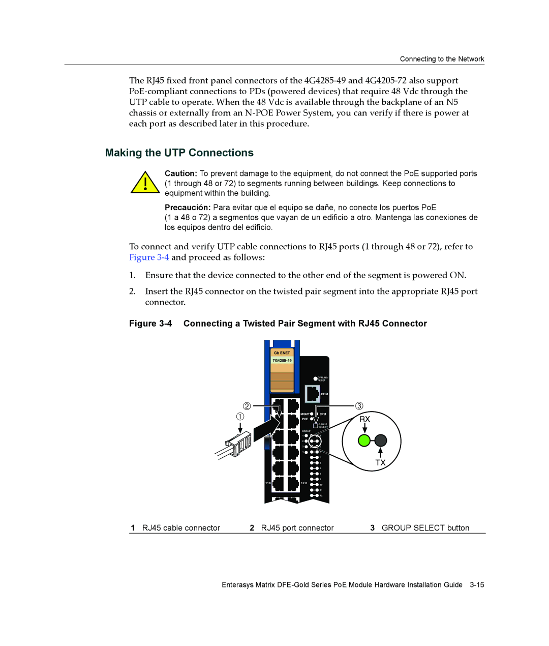 Enterasys Networks 4G4285-49, 4G4205-72 Making the UTP Connections, Connecting a Twisted Pair Segment with RJ45 Connector 