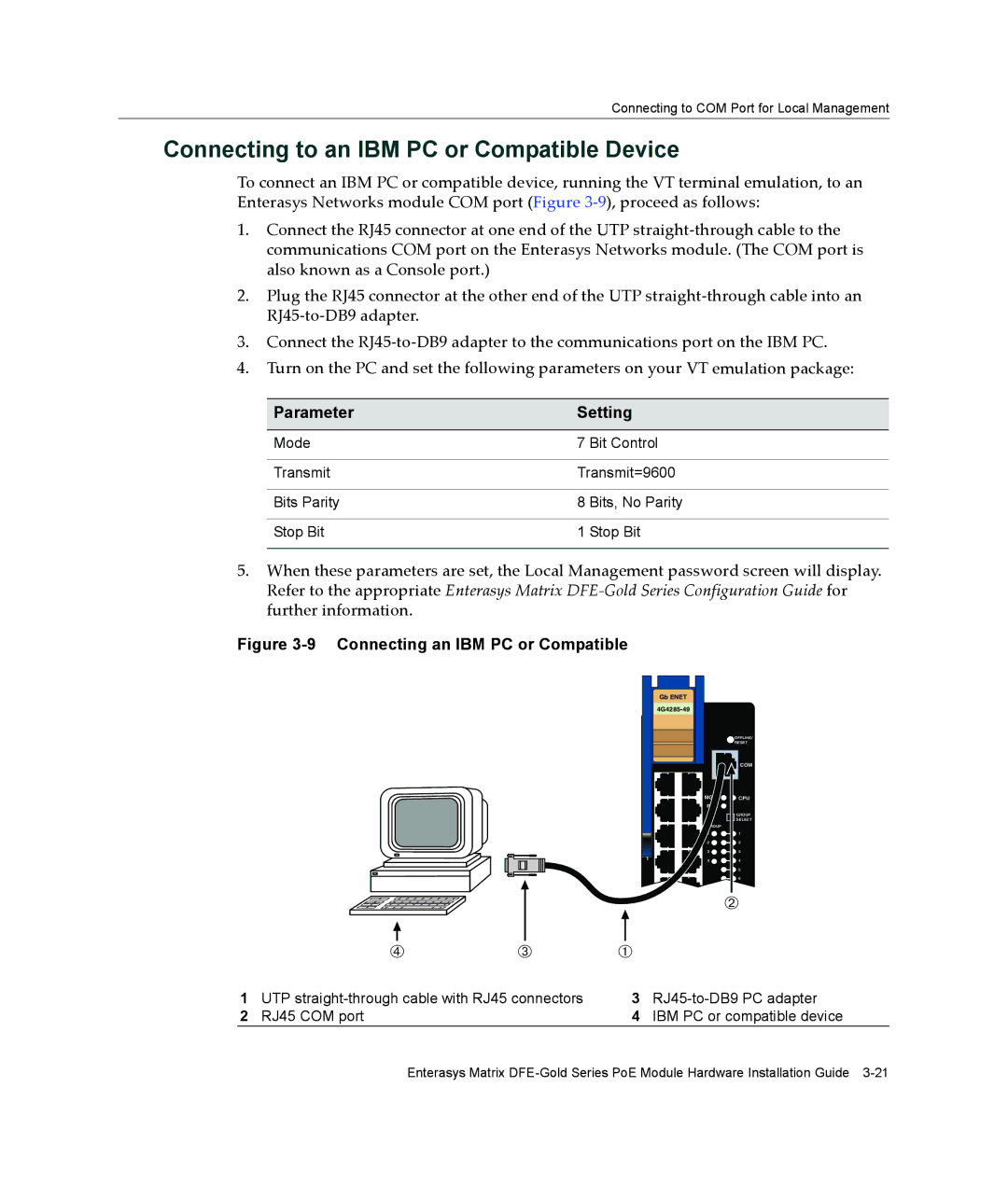 Enterasys Networks 4G4285-49, 4G4205-72 manual Connecting to an IBM PC or Compatible Device, Parameter Setting 