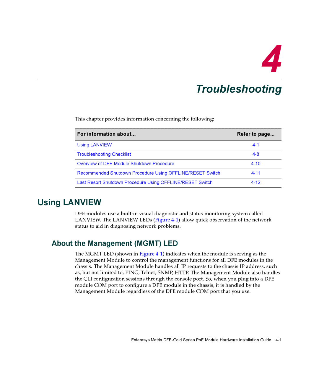 Enterasys Networks 4G4285-49, 4G4205-72 manual Troubleshooting, Using Lanview, About the Management Mgmt LED 