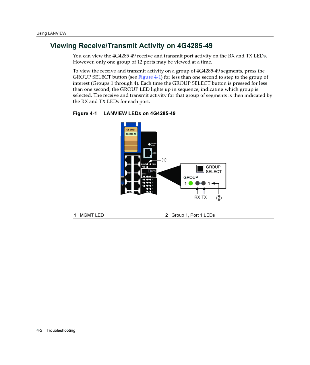 Enterasys Networks 4G4205-72 manual Viewing Receive/Transmit Activity on 4G4285-49, Lanview LEDs on 4G4285-49 