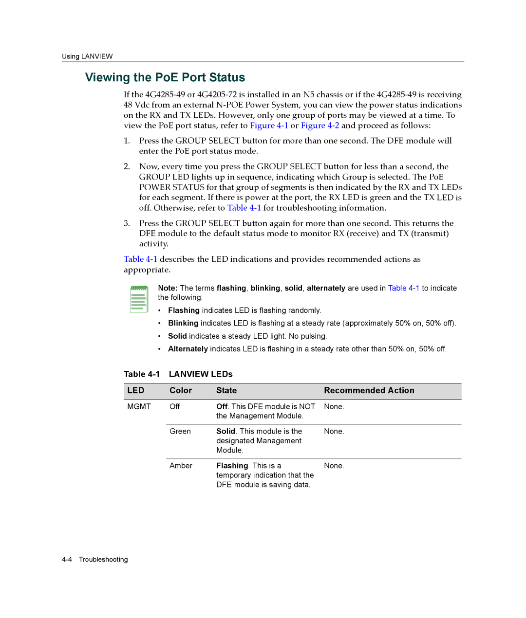 Enterasys Networks 4G4205-72, 4G4285-49 manual Viewing the PoE Port Status, Lanview LEDs, Color State Recommended Action 