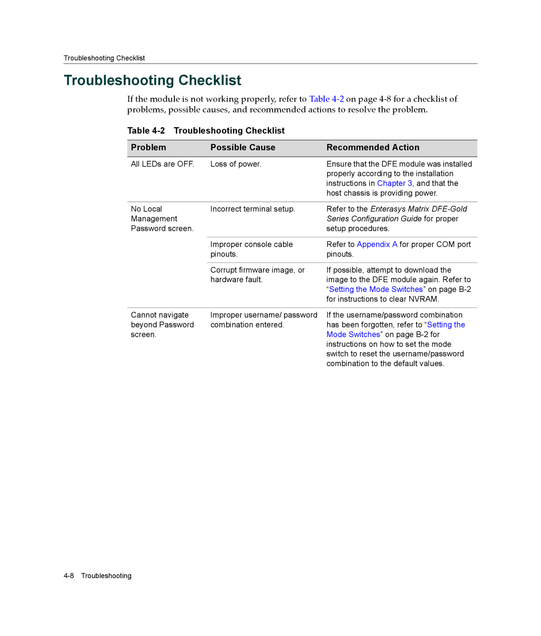 Enterasys Networks 4G4205-72, 4G4285-49 manual Troubleshooting Checklist, Series Configuration Guide for proper 