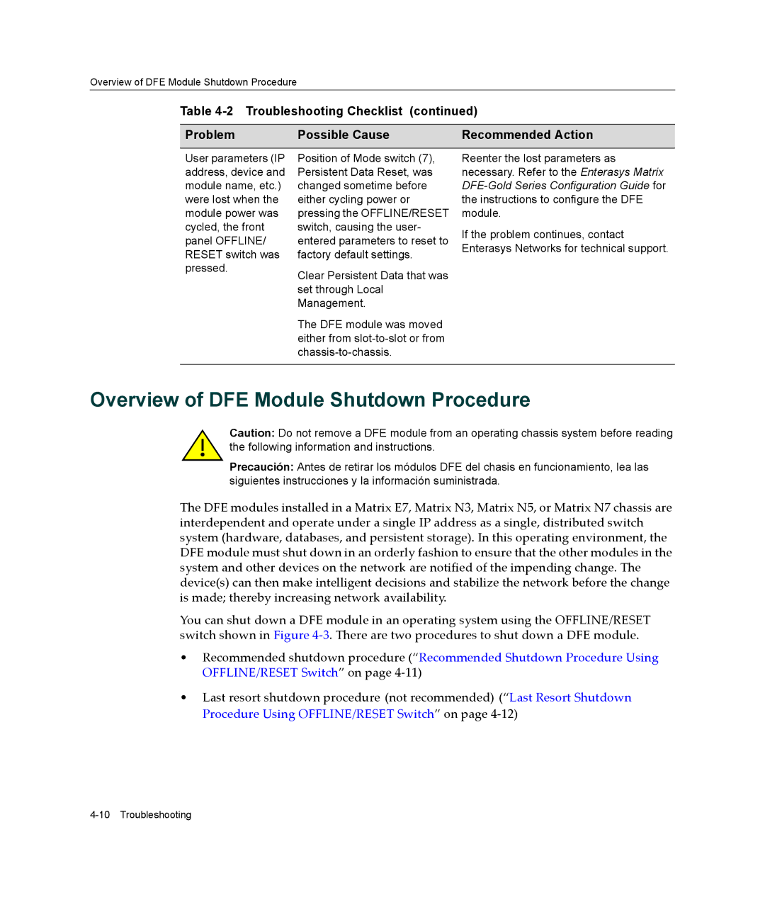 Enterasys Networks 4G4205-72, 4G4285-49 manual Overview of DFE Module Shutdown Procedure 