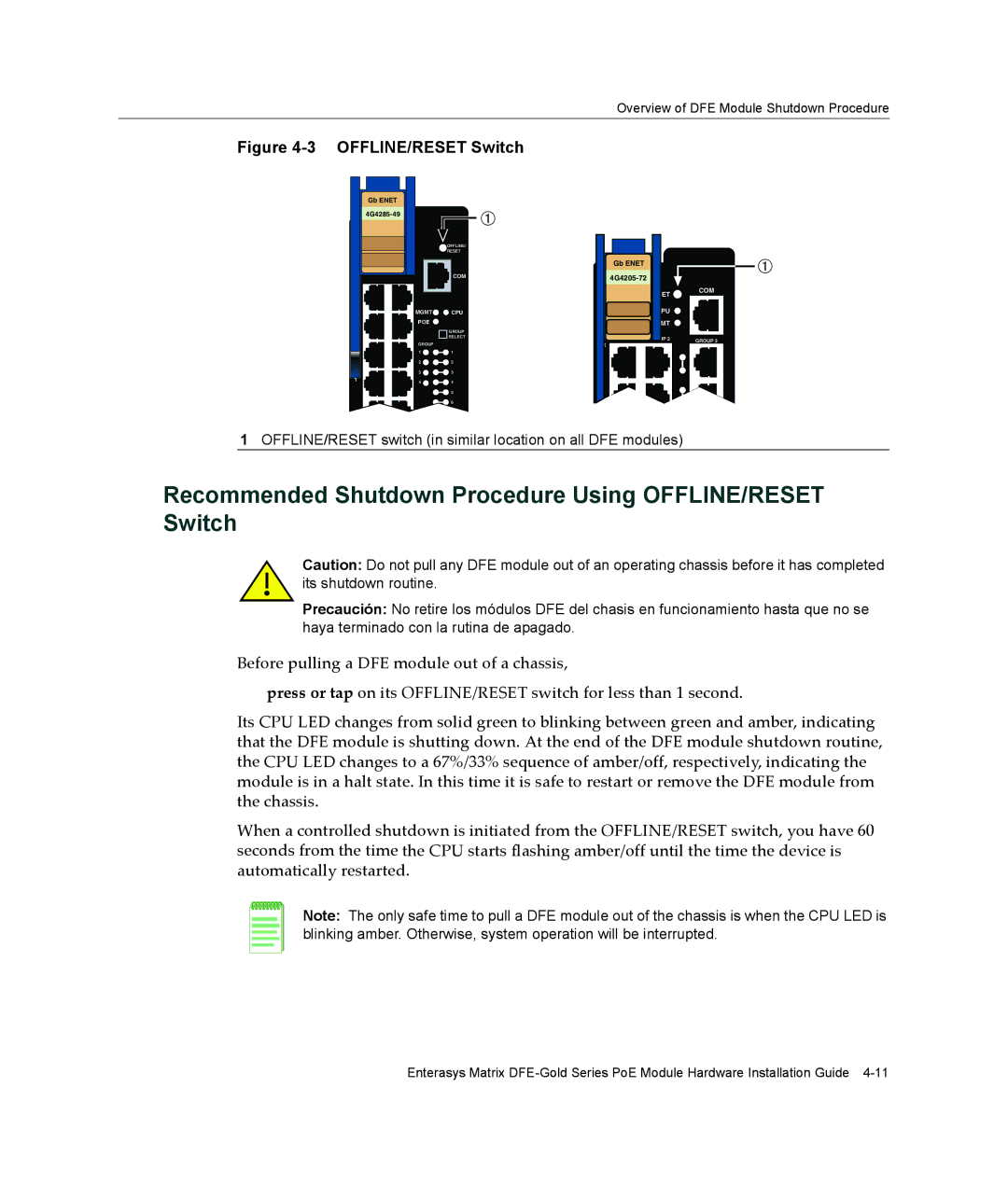 Enterasys Networks 4G4285-49, 4G4205-72 manual Recommended Shutdown Procedure Using OFFLINE/RESET Switch 