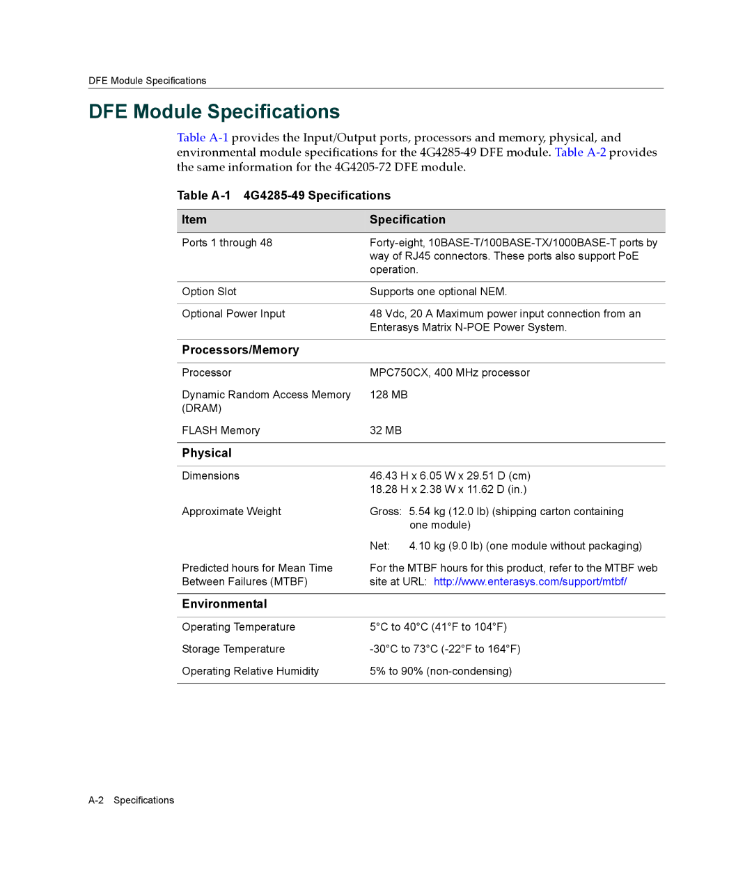 Enterasys Networks 4G4205-72 DFE Module Specifications, Table A-1 4G4285-49 Specifications, Processors/Memory, Physical 