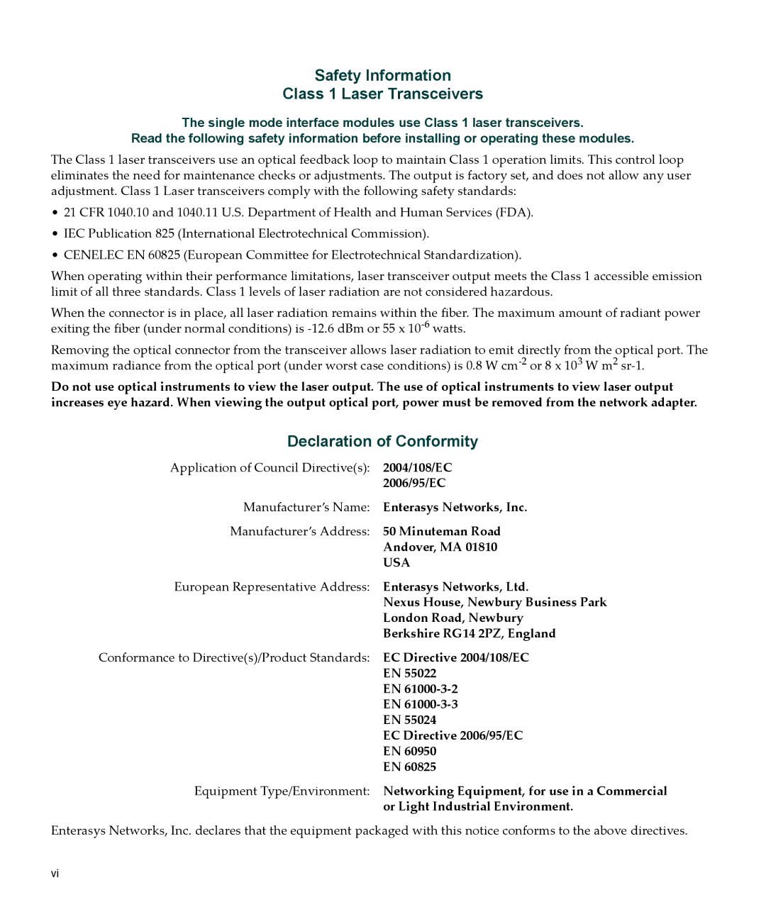 Enterasys Networks 4G4205-72, 4G4285-49 manual Safety Information Class 1 Laser Transceivers 