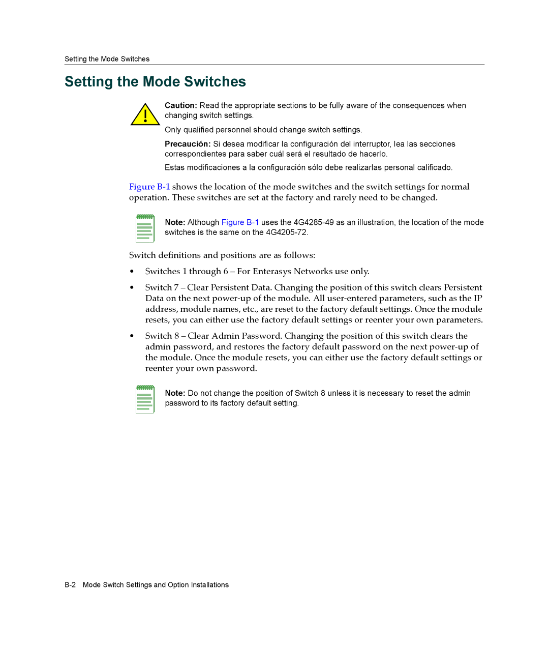 Enterasys Networks 4G4205-72, 4G4285-49 manual Setting the Mode Switches 