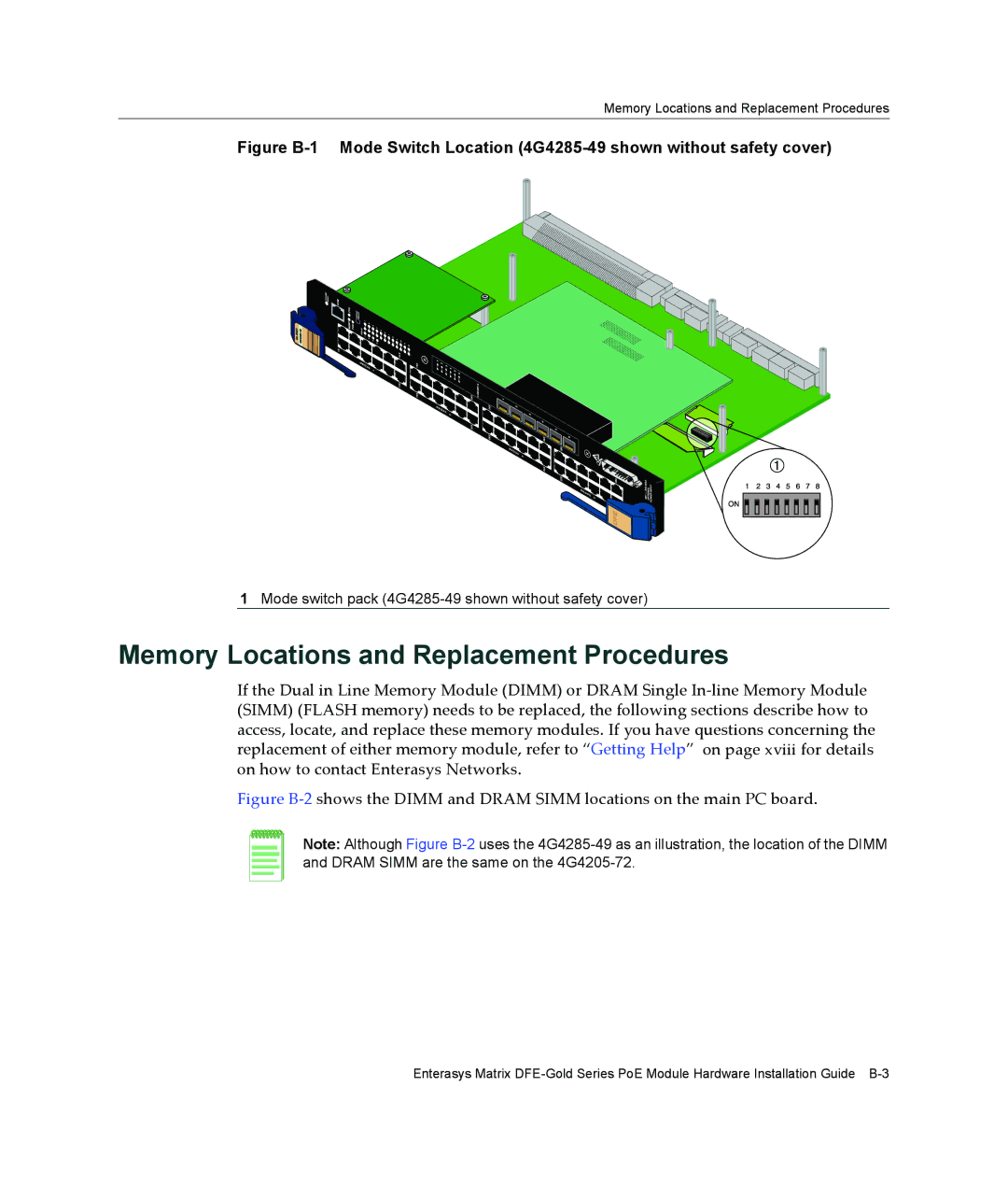 Enterasys Networks 4G4285-49, 4G4205-72 manual Memory Locations and Replacement Procedures 