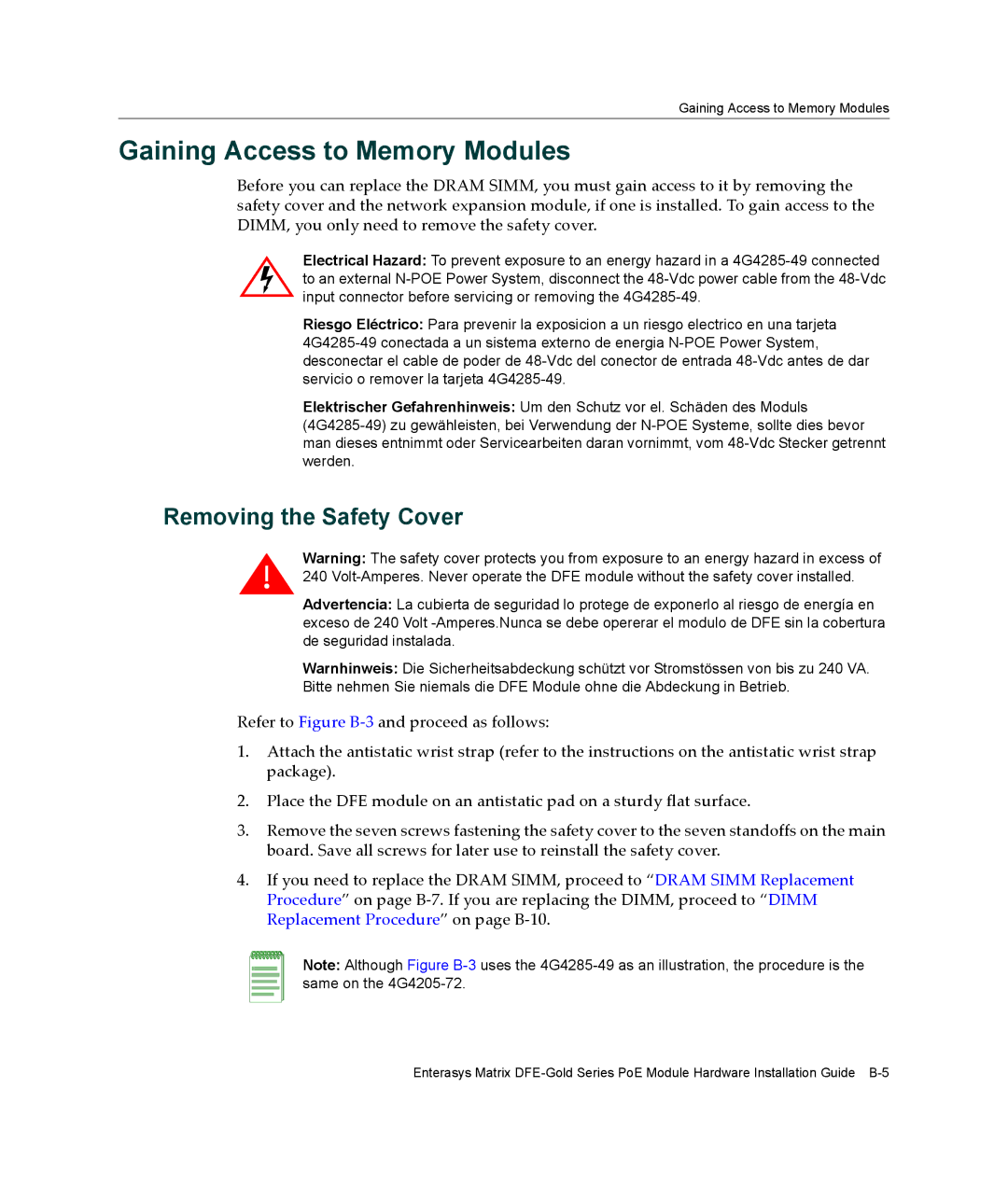 Enterasys Networks 4G4285-49, 4G4205-72 manual Gaining Access to Memory Modules, Removing the Safety Cover 