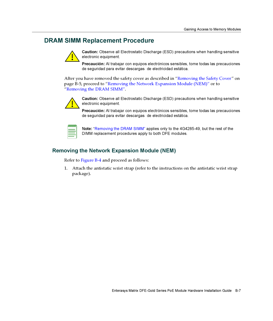 Enterasys Networks 4G4285-49, 4G4205-72 manual Dram Simm Replacement Procedure, Removing the Network Expansion Module NEM 