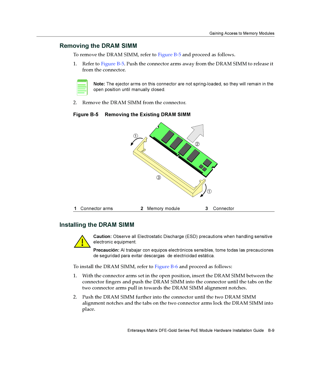 Enterasys Networks 4G4285-49, 4G4205-72 manual Removing the Dram Simm, Installing the Dram Simm 