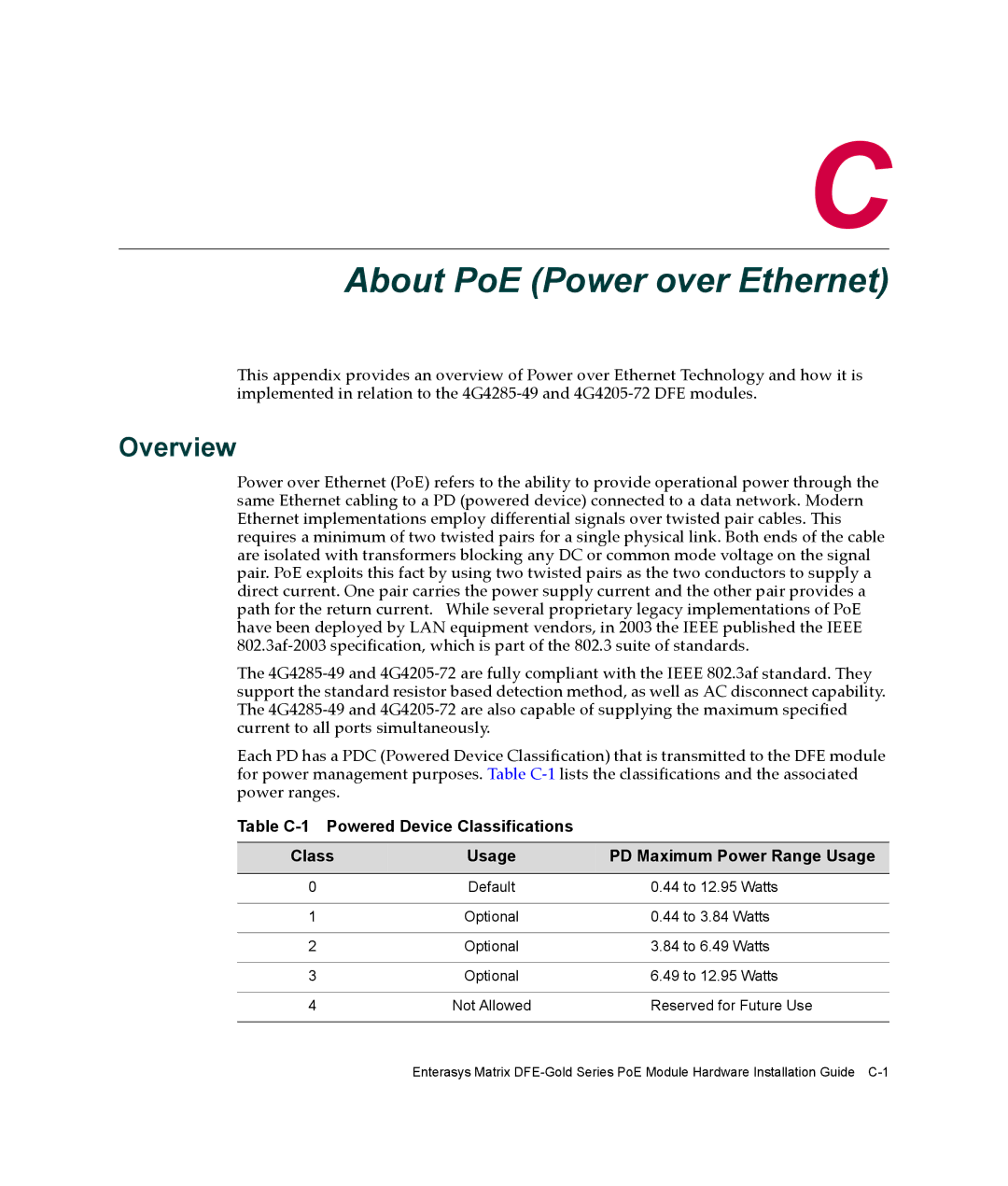 Enterasys Networks 4G4285-49, 4G4205-72 manual About PoE Power over Ethernet, Overview 