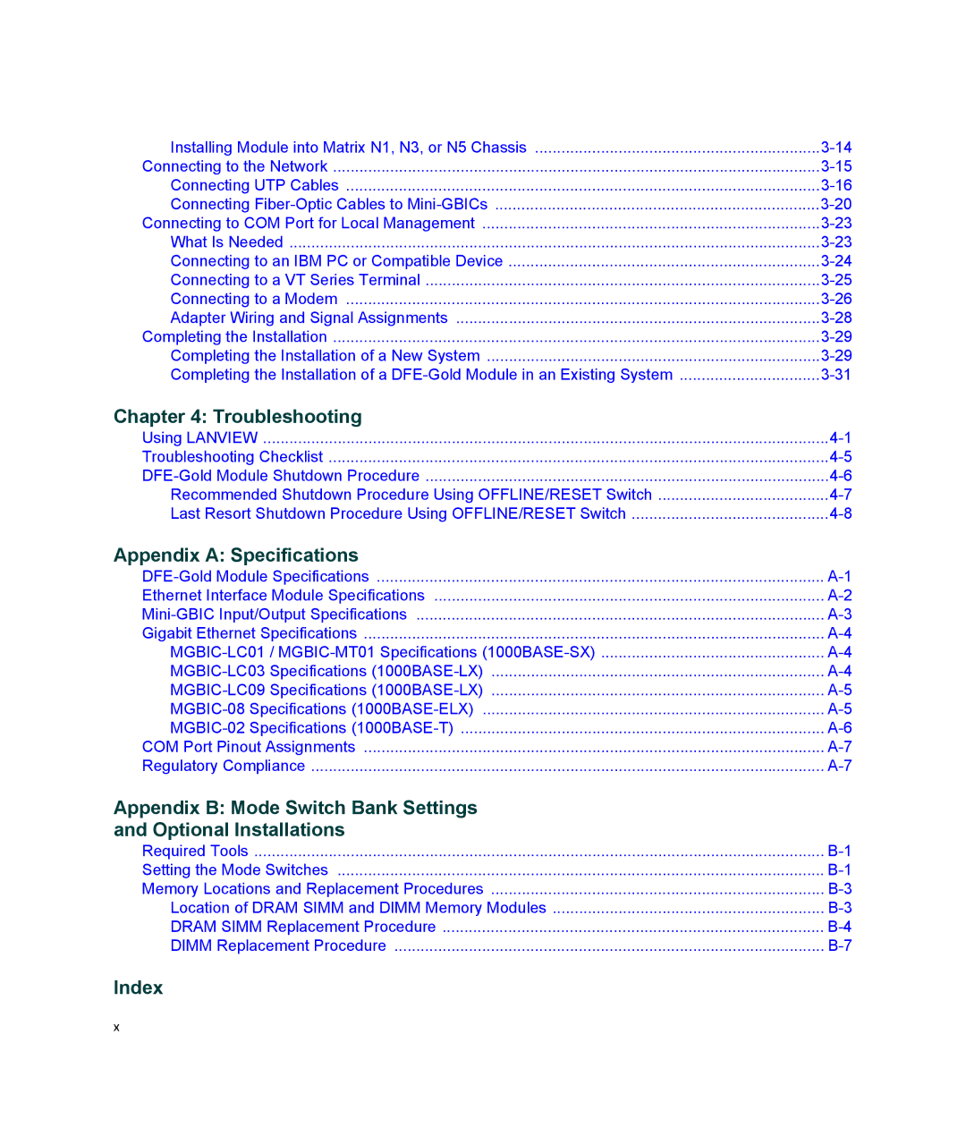 Enterasys Networks 9034096-02, 4G4282-49, 6H303-48 manual Troubleshooting, Appendix a Specifications, Index 