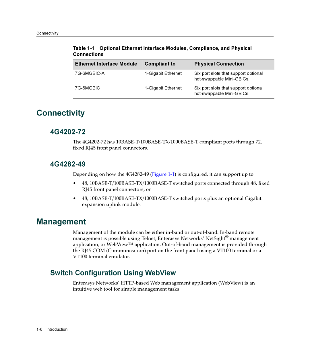 Enterasys Networks 9034096-02, 4G4282-49, 6H303-48 manual Connectivity, Management, Switch Configuration Using WebView 