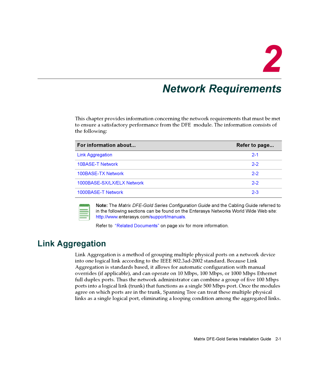 Enterasys Networks 9034096-02, 4G4282-49, 6H303-48 manual Network Requirements, Link Aggregation 