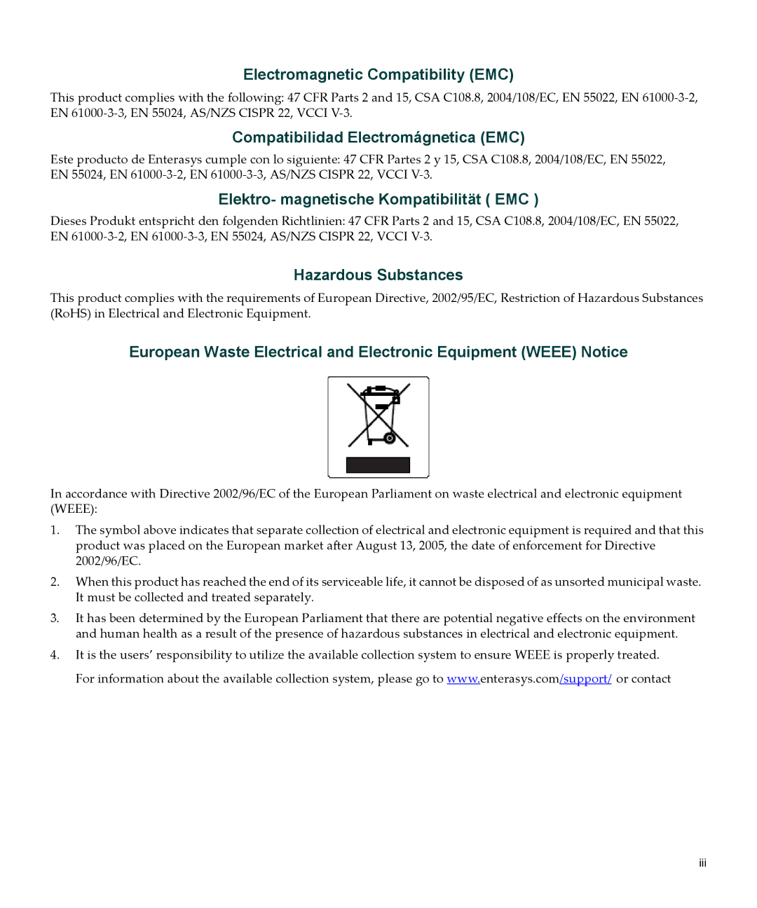 Enterasys Networks 9034096-02, 4G4282-49, 6H303-48 manual Electromagnetic Compatibility EMC 