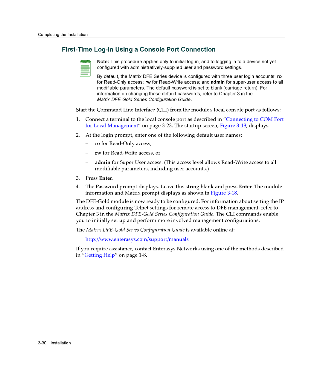 Enterasys Networks 9034096-02, 4G4282-49, 6H303-48 manual First-Time Log-In Using a Console Port Connection 