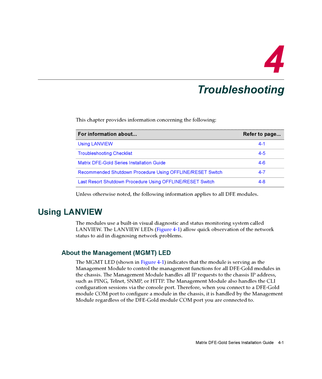 Enterasys Networks 9034096-02, 4G4282-49, 6H303-48 manual Troubleshooting, Using Lanview, About the Management Mgmt LED 