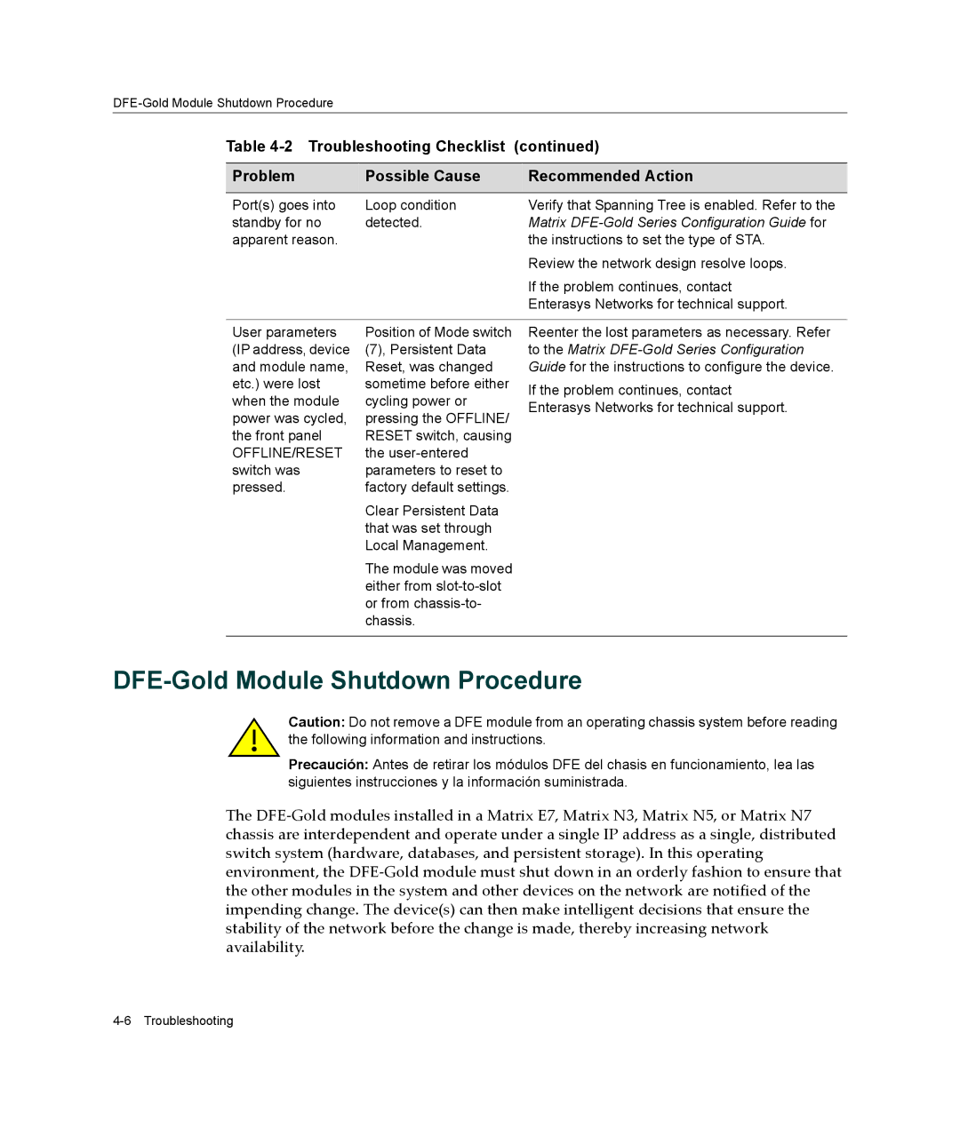 Enterasys Networks 6H303-48, 4G4282-49 DFE-Gold Module Shutdown Procedure, Matrix DFE-Gold Series Configuration Guide for 