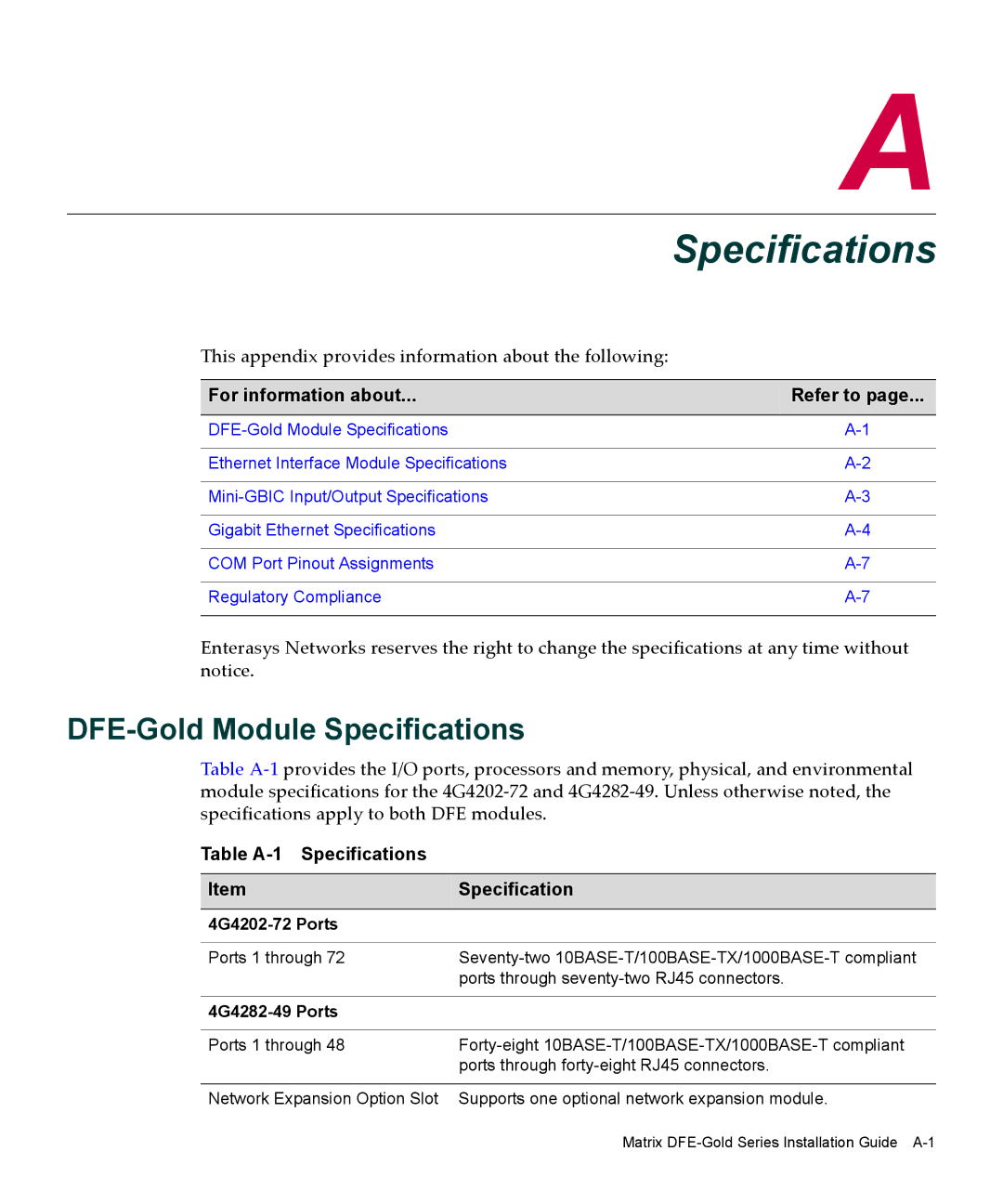 Enterasys Networks 6H303-48, 4G4282-49, 9034096-02 manual DFE-Gold Module Specifications, Table A-1 Specifications 