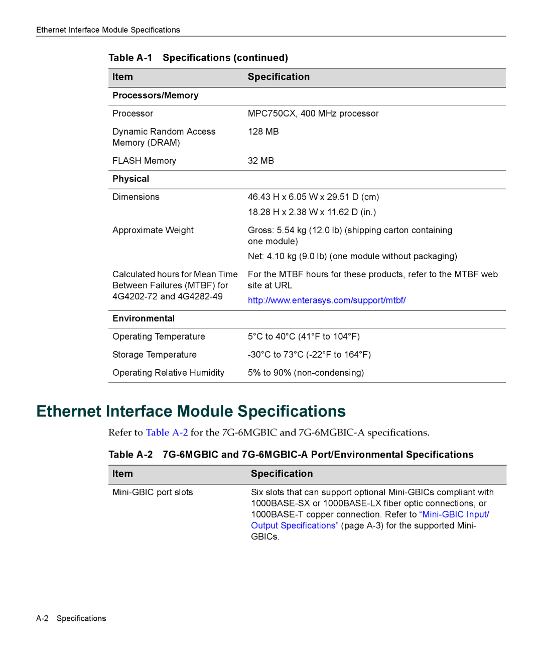 Enterasys Networks 9034096-02, 4G4282-49, 6H303-48 manual Ethernet Interface Module Specifications, Processors/Memory 