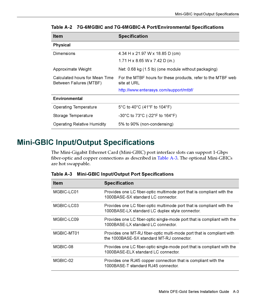 Enterasys Networks 4G4282-49 Mini-GBIC Input/Output Specifications, Table A-3 Mini-GBIC Input/Output Port Specifications 