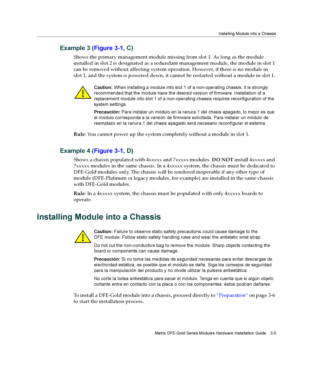 Enterasys Networks 4H4284-49, 4H4202-72, 4H4283-49 manual Installing Module into a Chassis, Example 3 -1, C, Example 4 -1, D 