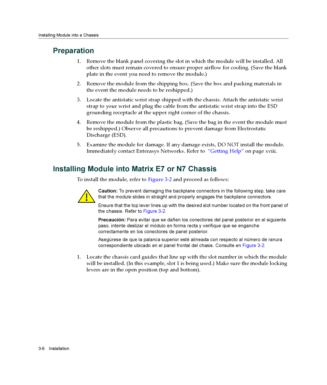 Enterasys Networks 4H4202-72, 4H4284-49, 4H4283-49, 4H4282-49 Preparation, Installing Module into Matrix E7 or N7 Chassis 