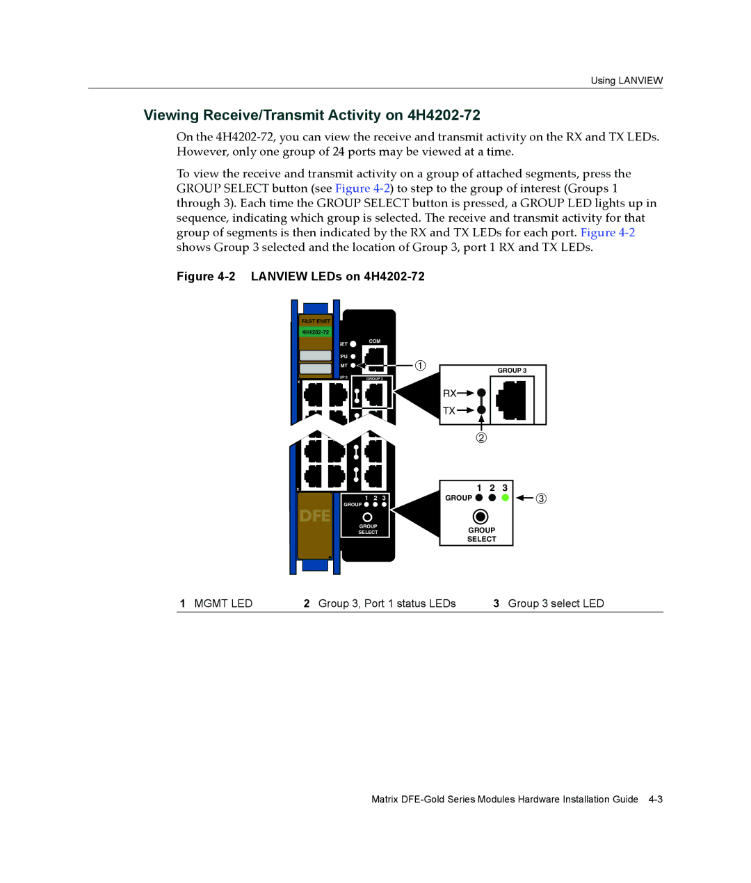 Enterasys Networks 4H4282-49, 4H4284-49 manual Viewing Receive/Transmit Activity on 4H4202-72, Lanview LEDs on 4H4202-72 