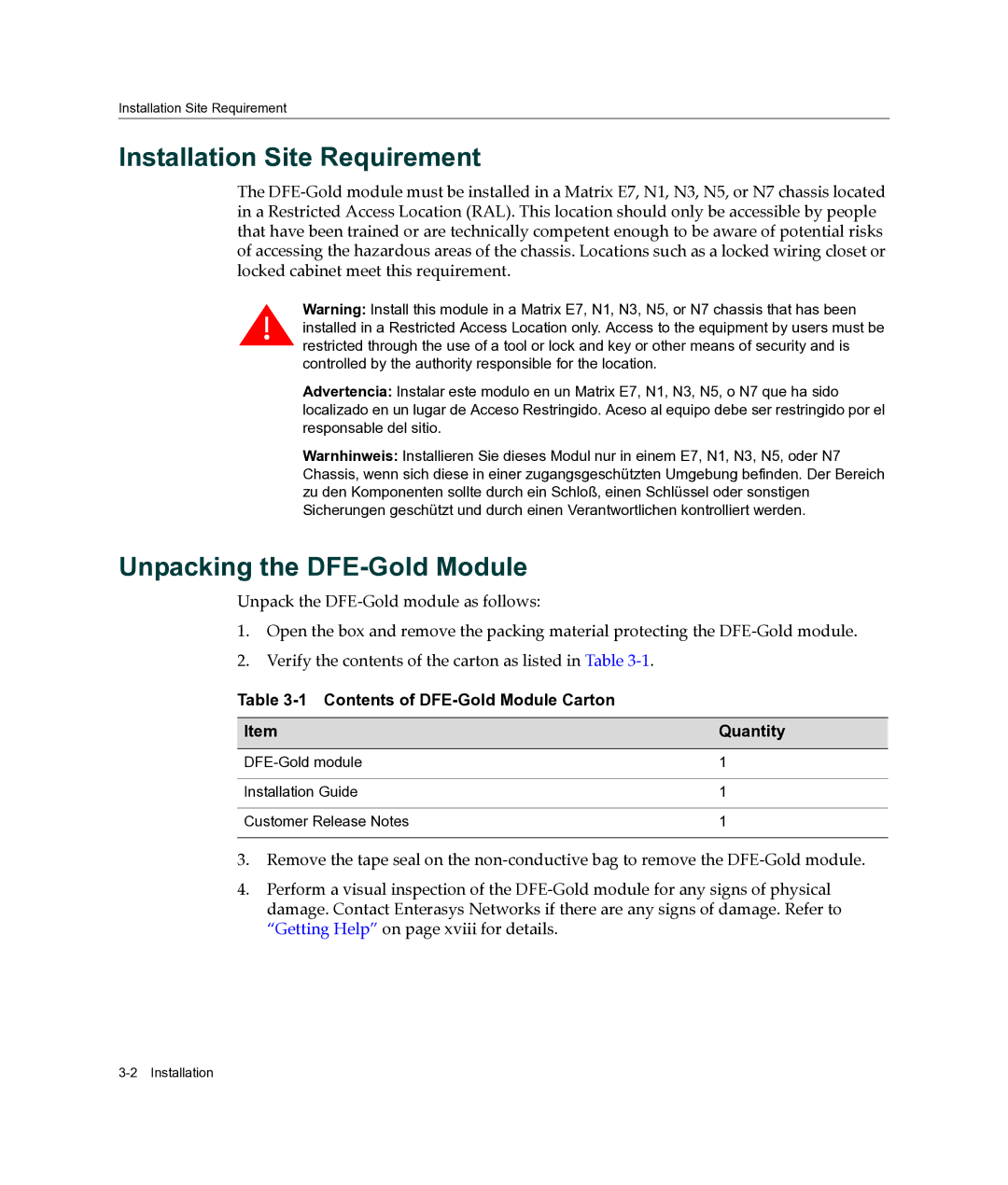 Enterasys Networks 4H4283-49, 4H4284-49, 4H4202-72, 4H4282-49 Installation Site Requirement, Unpacking the DFE-Gold Module 