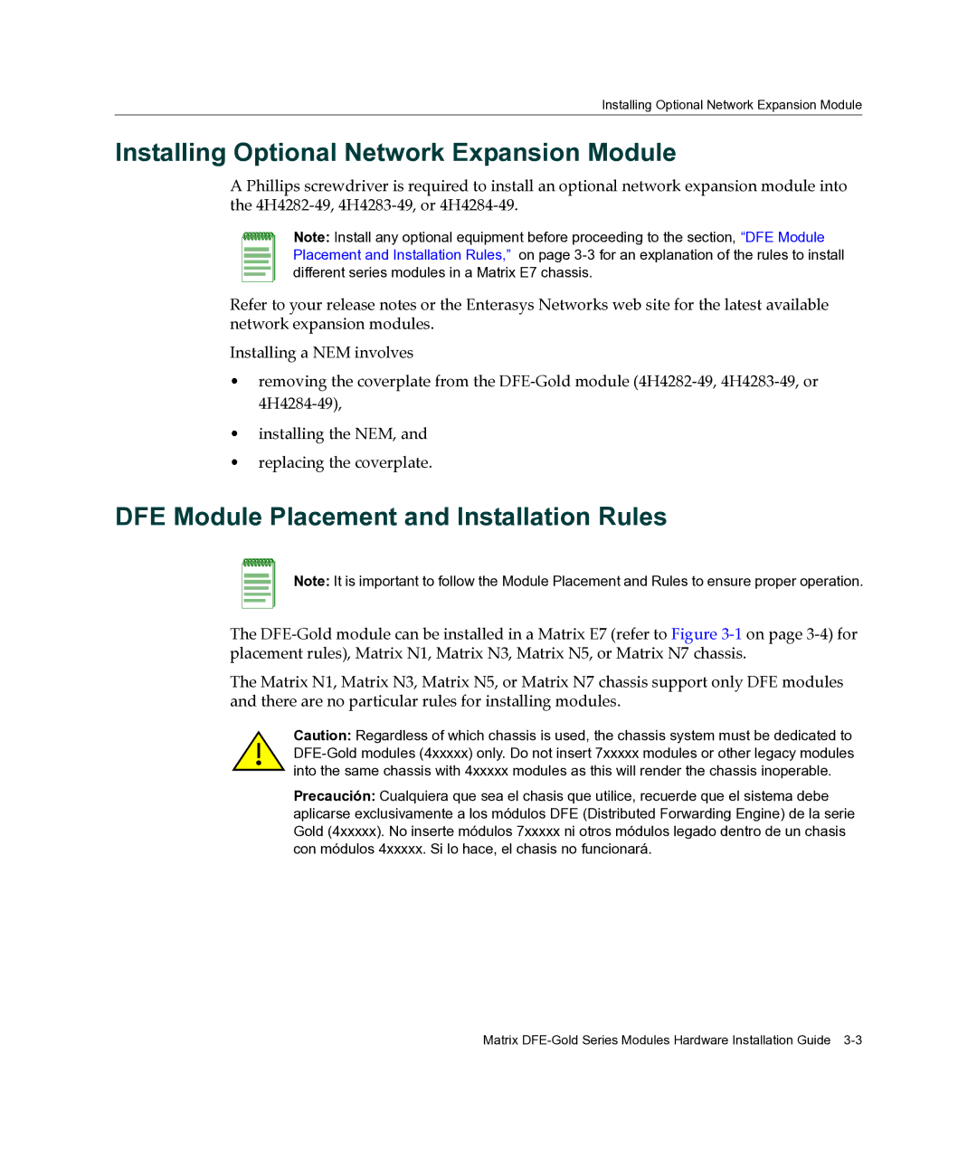 Enterasys Networks 4H4282-49 Installing Optional Network Expansion Module, DFE Module Placement and Installation Rules 