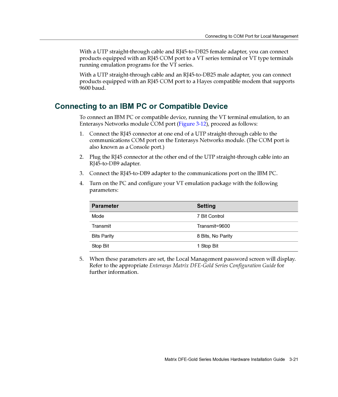 Enterasys Networks 4H4202-72, 4H4284-49, 4H4283-49 manual Connecting to an IBM PC or Compatible Device, Parameter Setting 