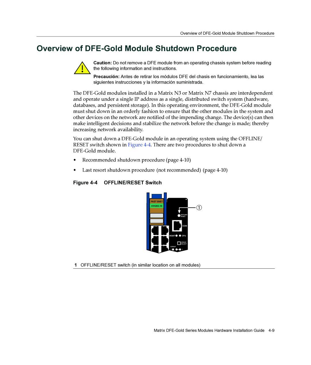 Enterasys Networks 4H4203-72, 4H4284-49, 4H4202-72 Overview of DFE-Gold Module Shutdown Procedure, OFFLINE/RESET Switch 