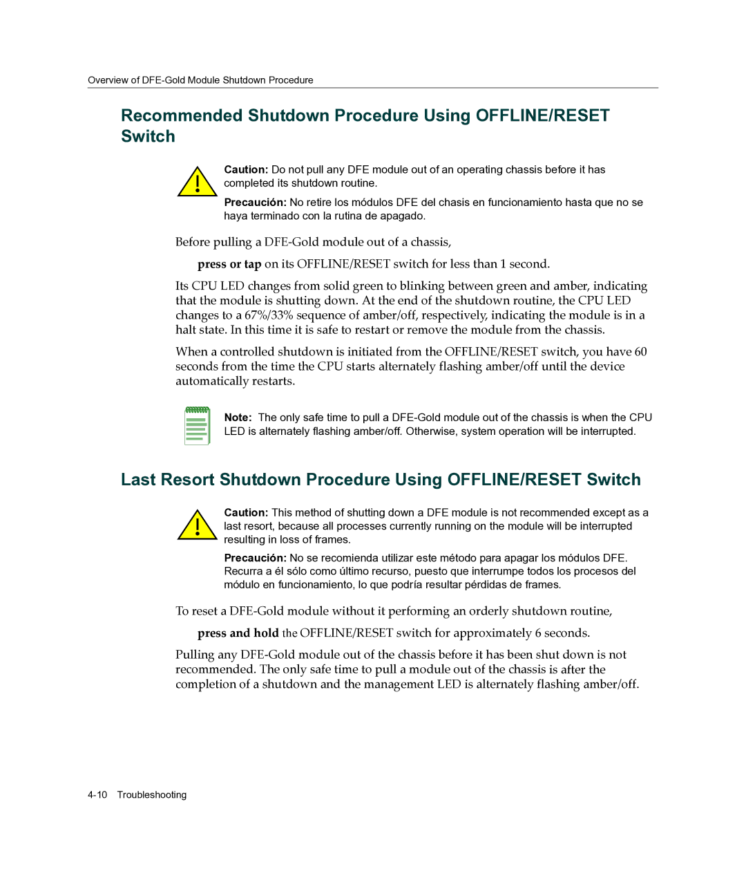 Enterasys Networks 4H4284-49, 4H4202-72, 4H4283-49, 4H4282-49 manual Recommended Shutdown Procedure Using OFFLINE/RESET Switch 