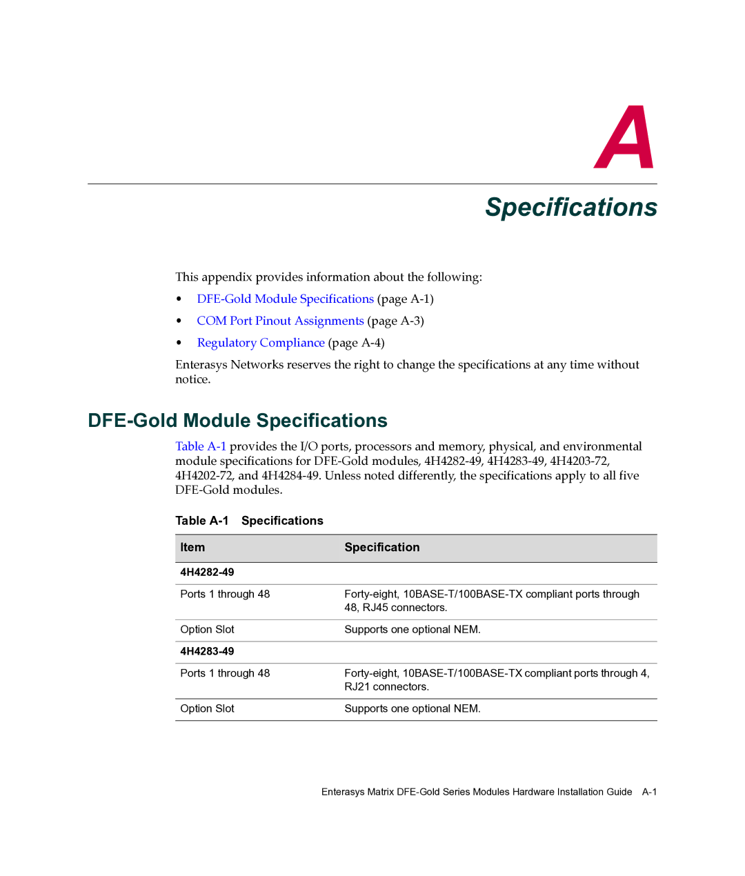 Enterasys Networks 4H4202-72, 4H4284-49, 4H4283-49, 4H4282-49 DFE-Gold Module Specifications, Table A-1 Specifications 