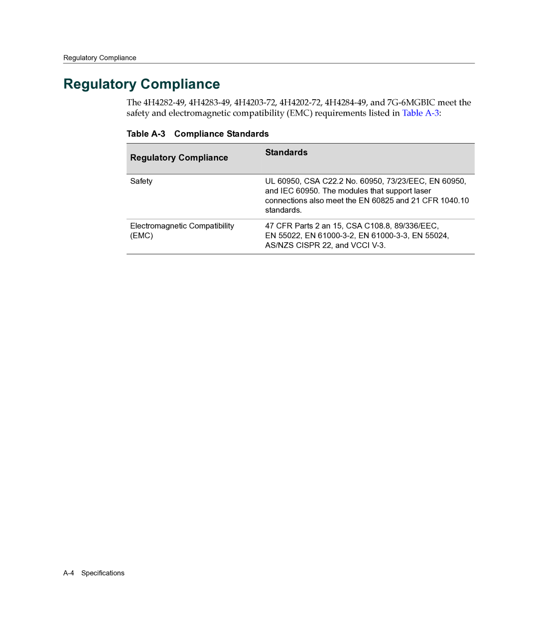 Enterasys Networks 4H4203-72, 4H4284-49, 4H4202-72, 4H4283-49 manual Table A-3 Compliance Standards Regulatory Compliance 