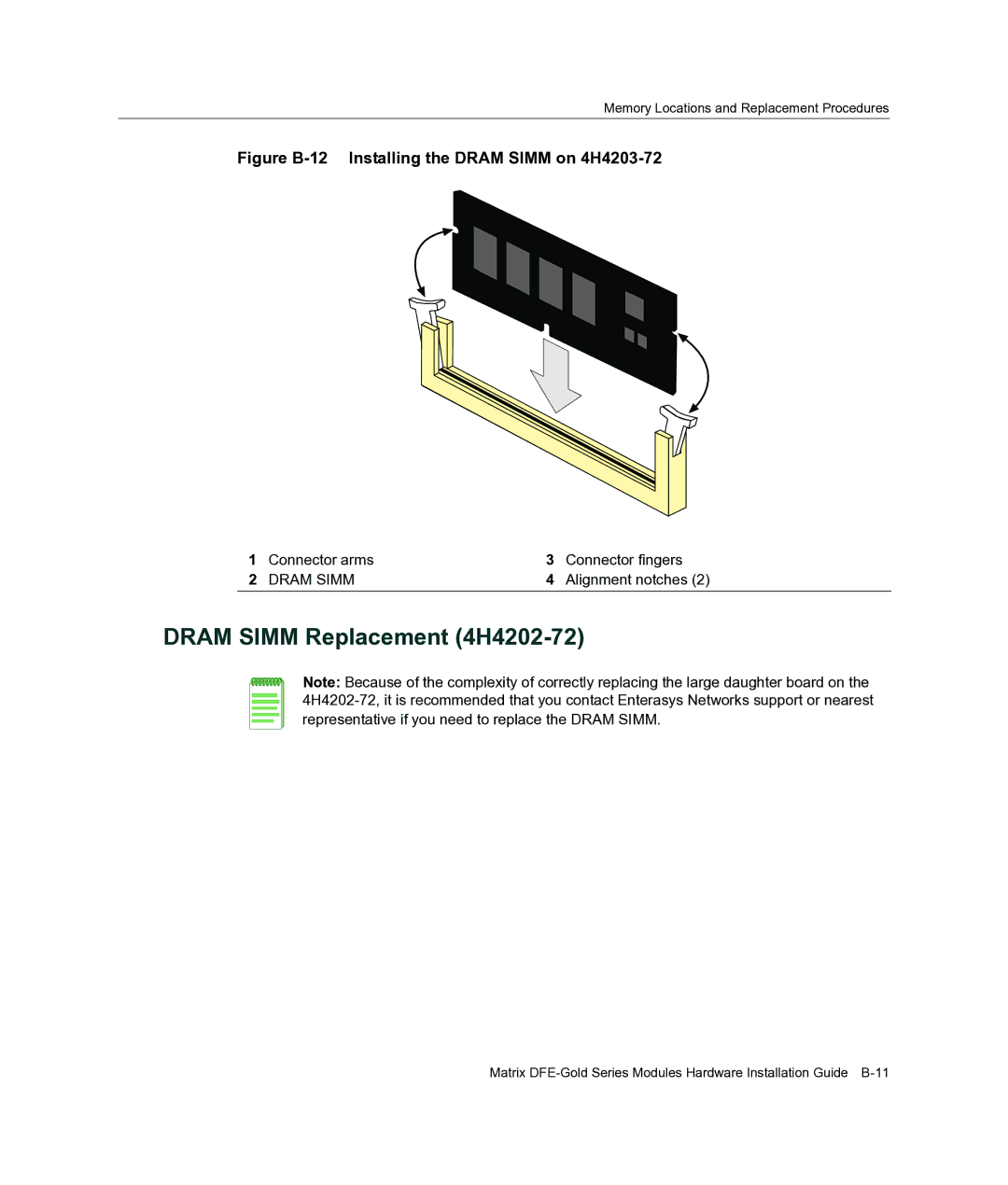 Enterasys Networks 4H4284-49, 4H4283-49 Dram Simm Replacement 4H4202-72, Figure B-12 Installing the Dram Simm on 4H4203-72 